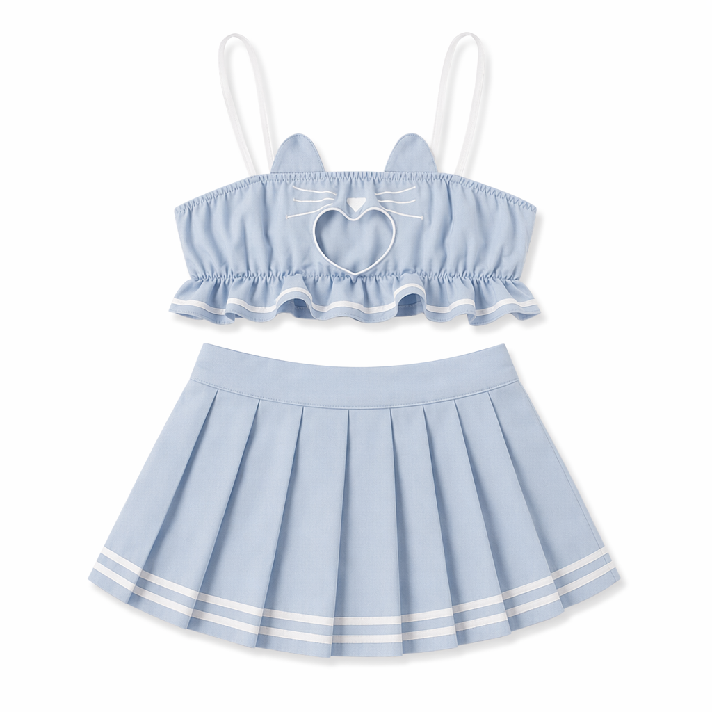 Cute Kitten Costume Set: Keyhole Tube, Pleated Skirt Blue
