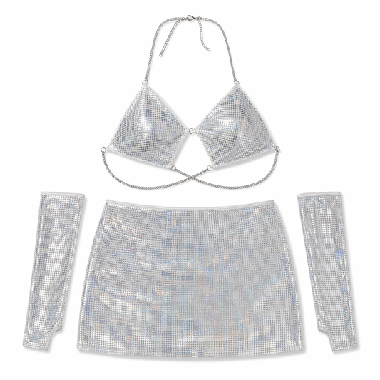 Silver Metallic Skirt Set - Amorino Silver