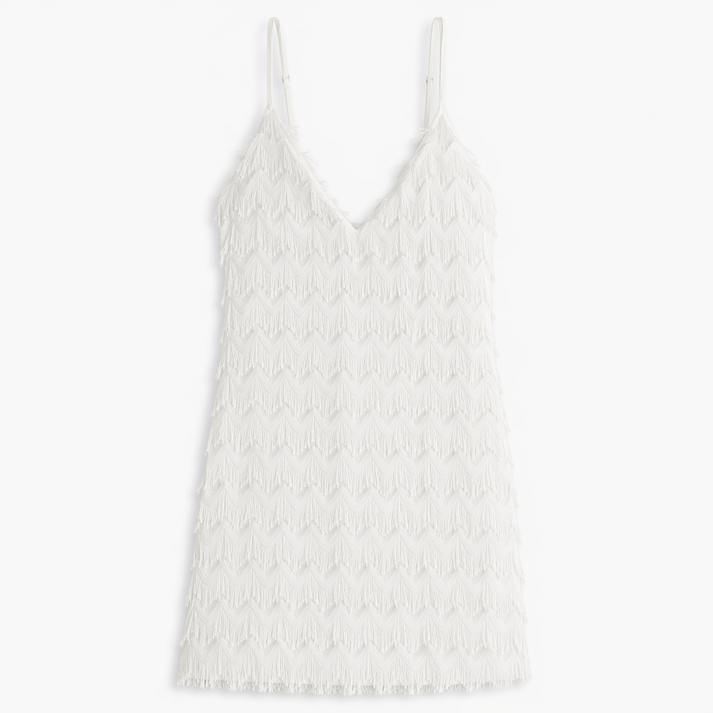 Fringe V-Neck Mini Cami Dress White
