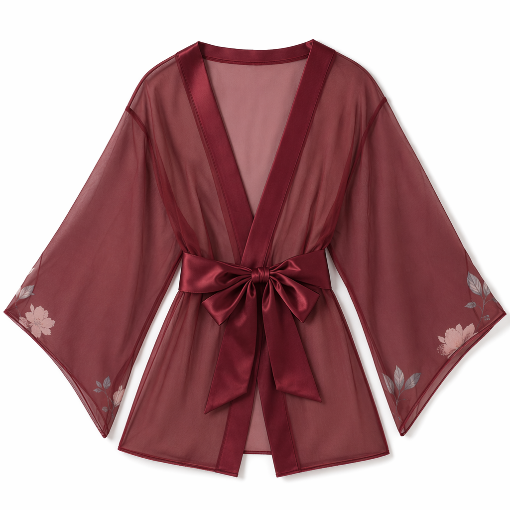 Amorino Anime Floral Kimono Robe Burgundy