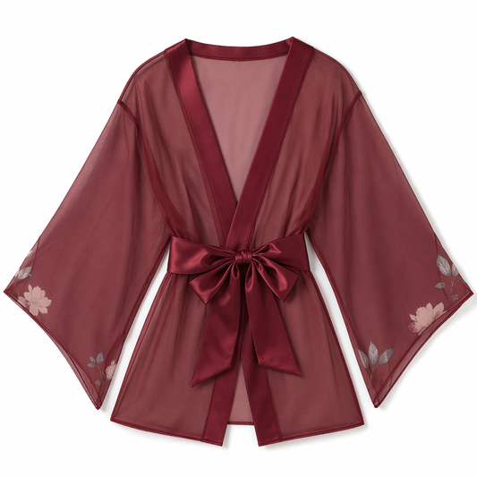 Amorino Anime Floral Kimono Robe Burgundy