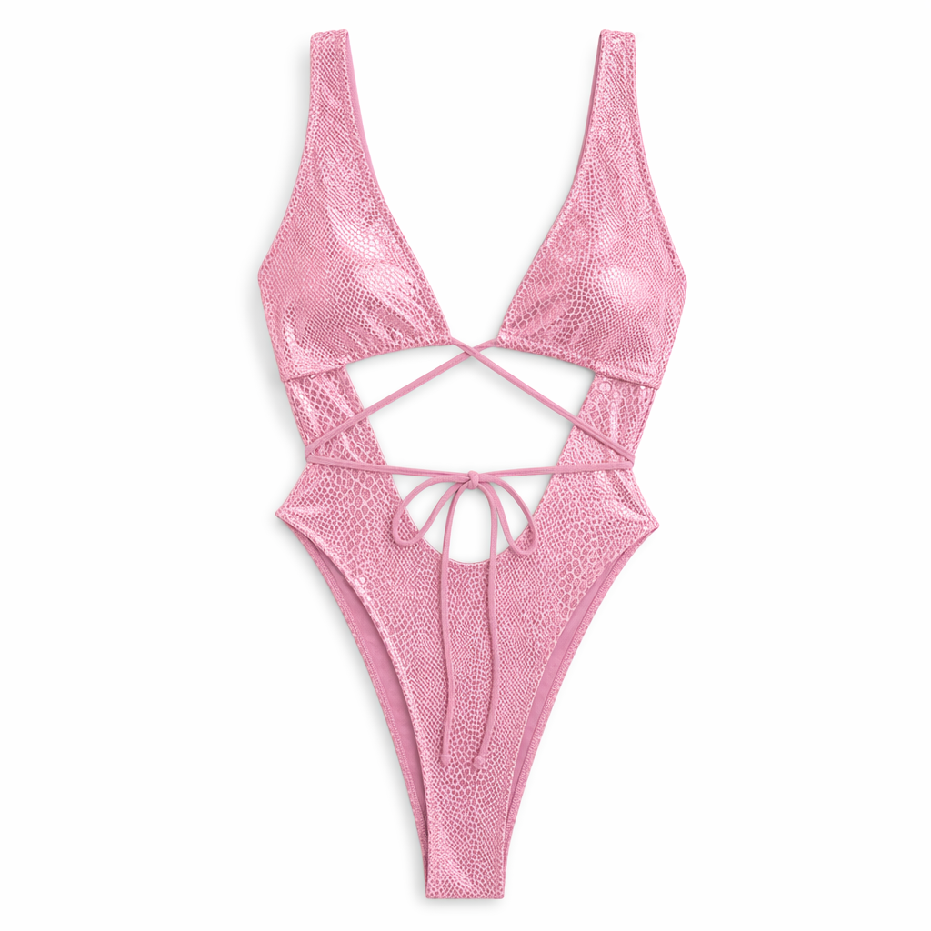 Maximized Snake Print Deep V Neck Monokini Pink