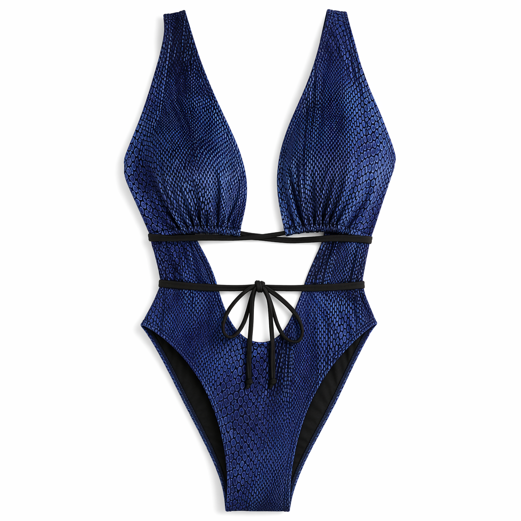 Maximized Snake Print Deep V Neck Monokini Dark Blue