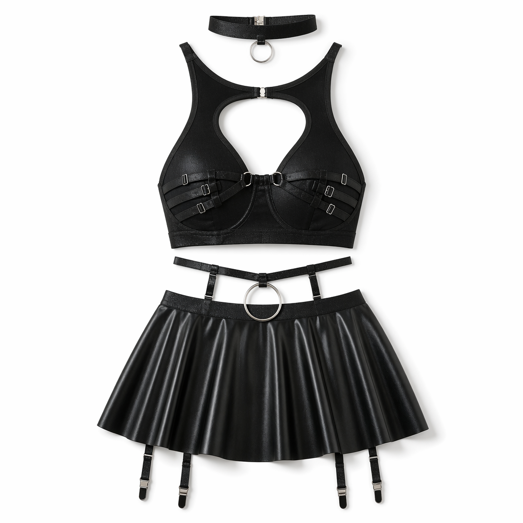 Amorino Latex Skirt Dress Set Black