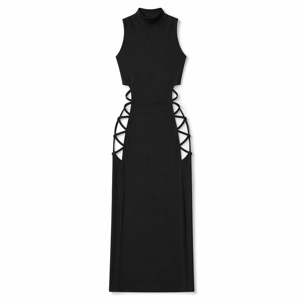 Lace-up Cut-Out Maxi Dress. Black