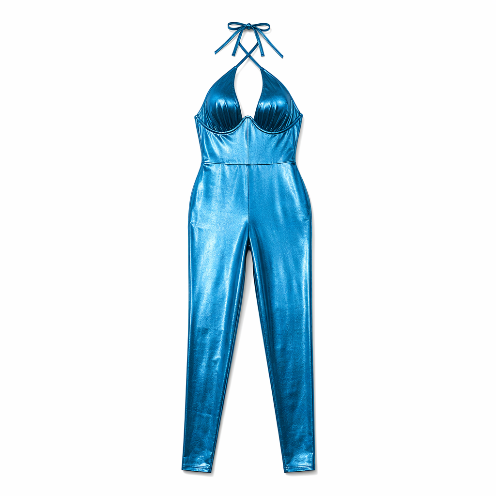 Shimmering Halter-Backless Metallic Jumpsuit Blue