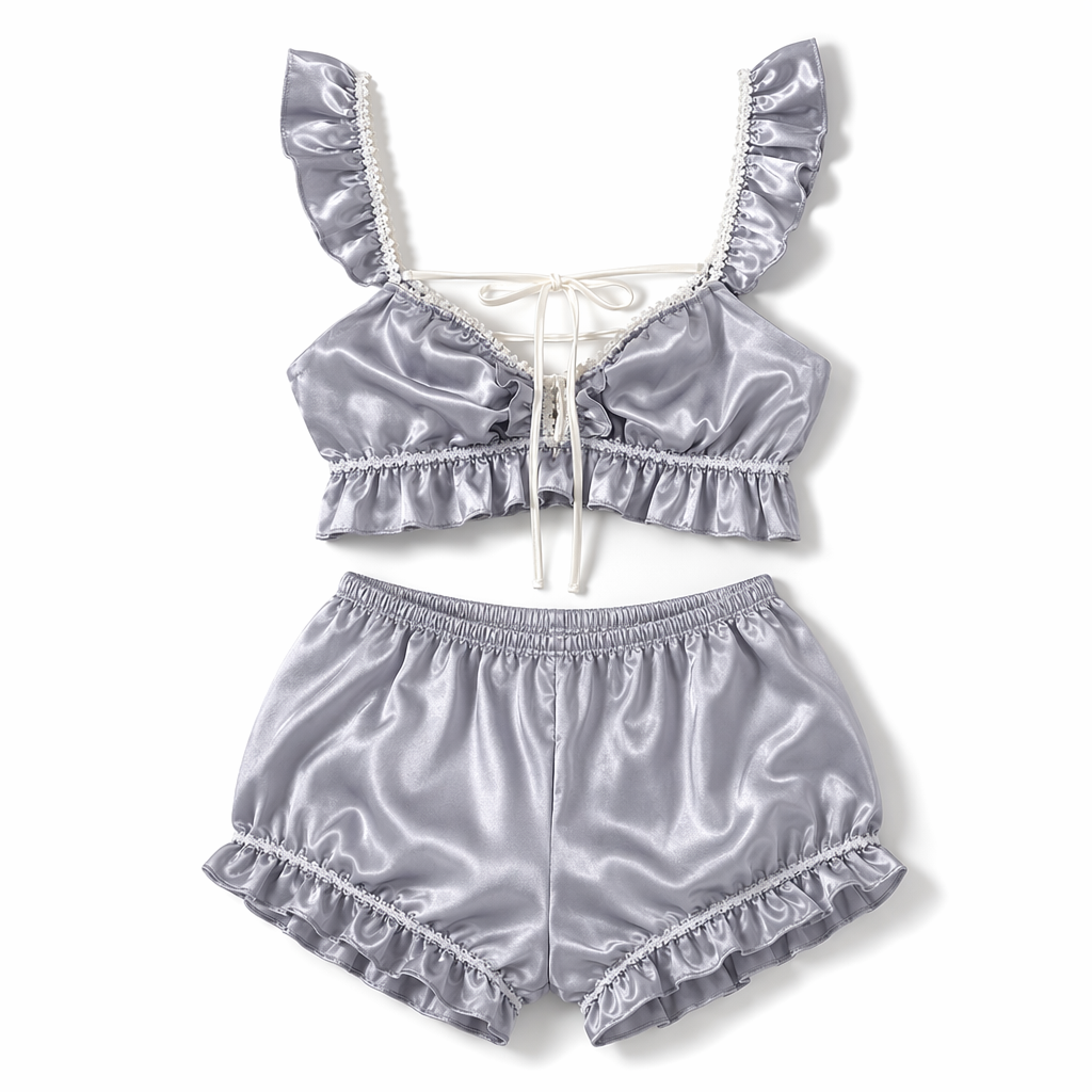 Satin Pajama Set with Lace-Up Crop Top and Shorts Grey