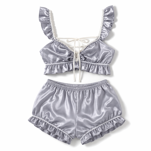 Satin Pajama Set with Lace-Up Crop Top and Shorts Grey