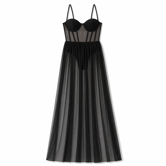 Sheer Corset Maxi Dress. Black