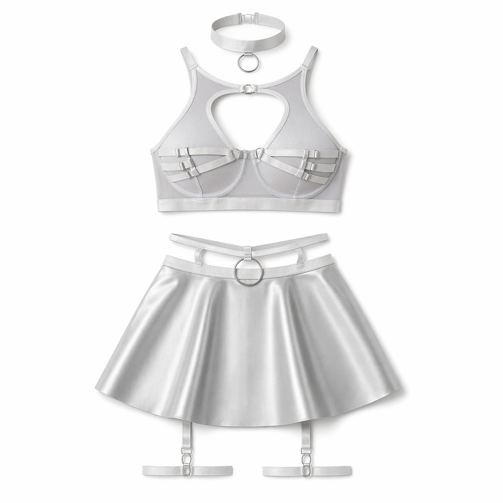 Amorino Latex Skirt Dress Set Silver