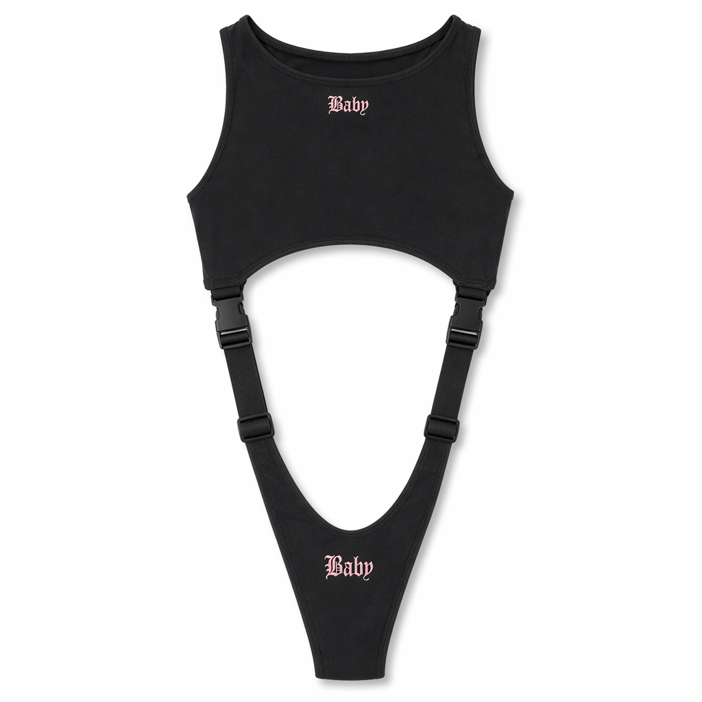Women's Gothic Buckle Tape Bodysuit - Irresistible High Cut Black