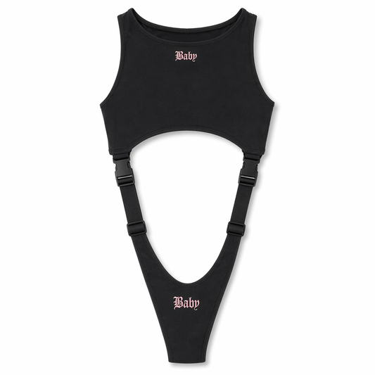 Women's Gothic Buckle Tape Bodysuit - Irresistible High Cut Black
