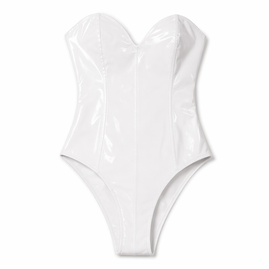 Strapless White PU Leather Romper: Shiny Latex Bodysuit White