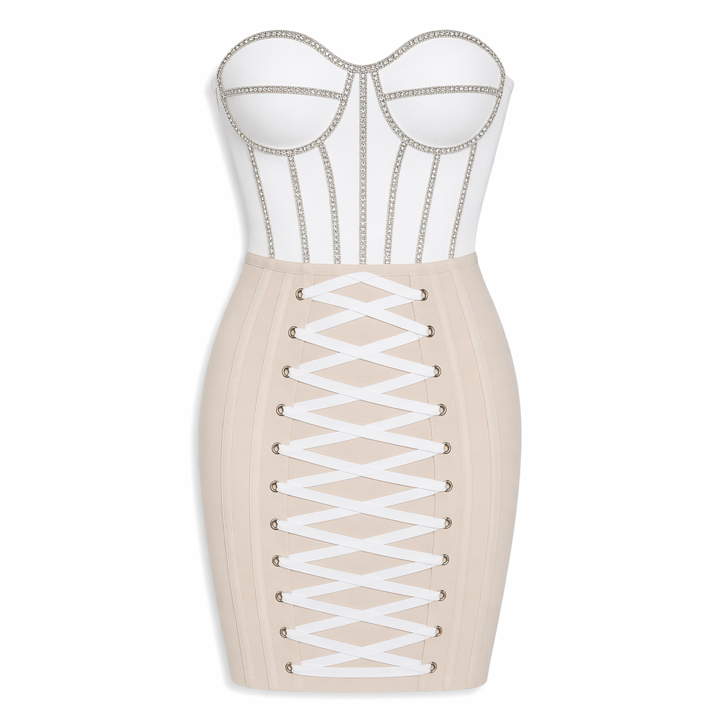 Contrast Rhinestone Lace-Up Strapless Bandage Dress White