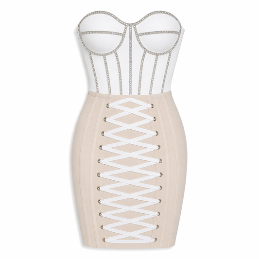 Contrast Rhinestone Lace-Up Strapless Bandage Dress White