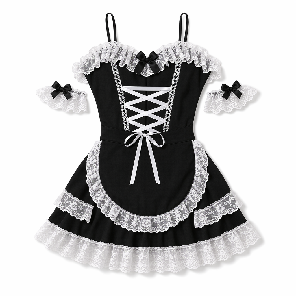 Irresistible French Maid Costume with Lace Trim Black
