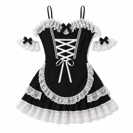 Irresistible French Maid Costume with Lace Trim Black