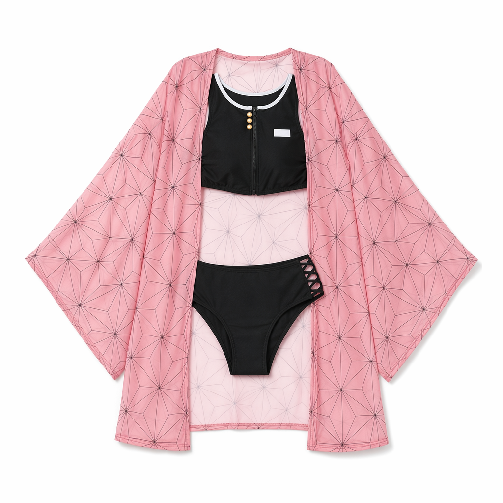 Black Zipper Up Anime Cosplay Swimsuit with Chiffon Kimono Robemax Nezuko
