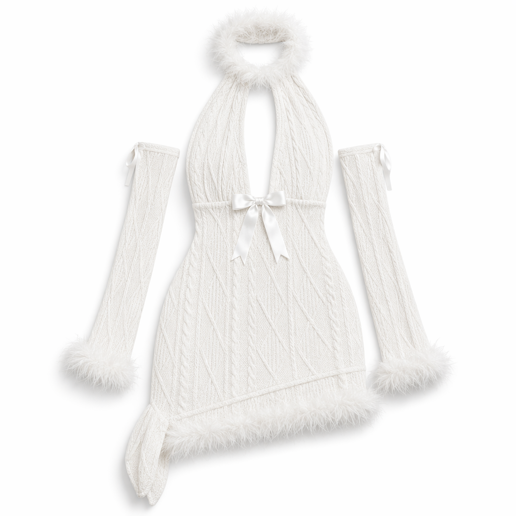 Fluffy Bunny Ear Bodycon Sweater Dress White