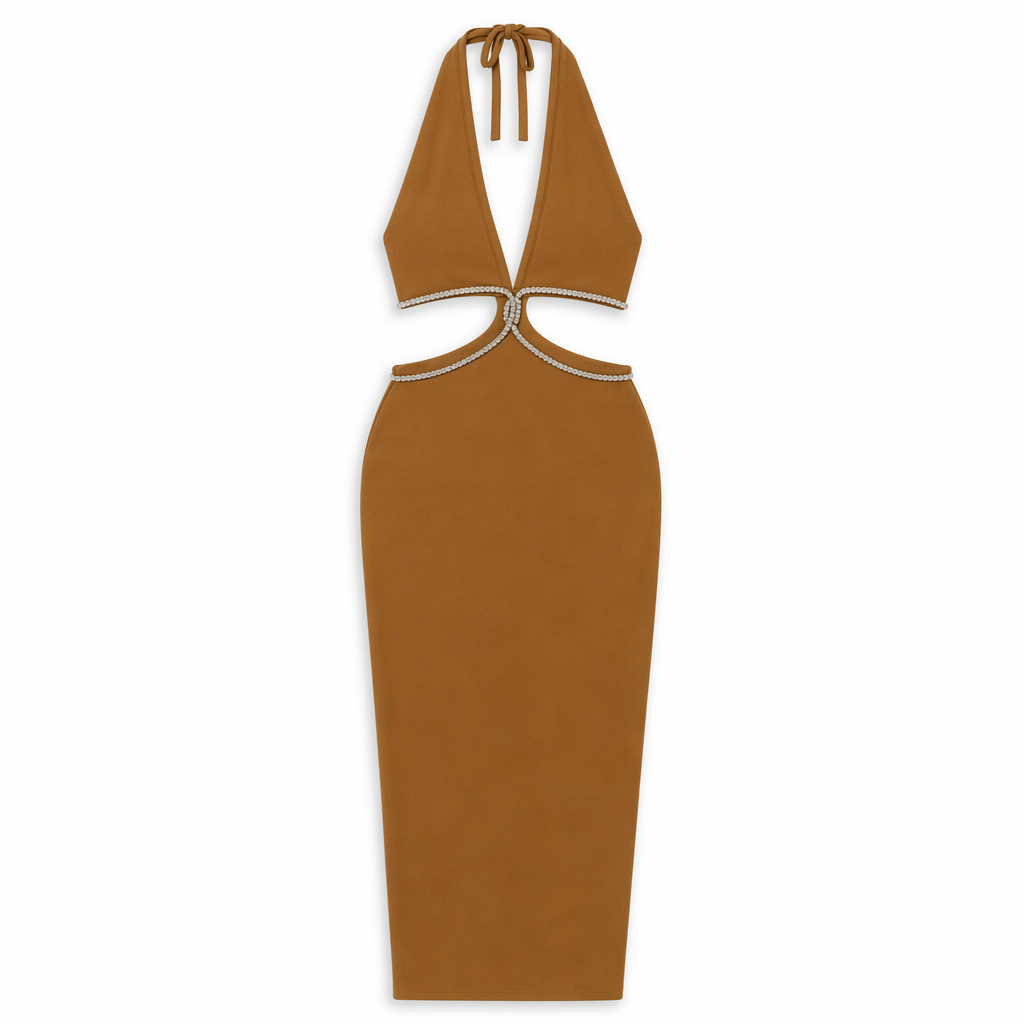 Rhinestone Halter Neck Cutout Slit Midi Dress Brown