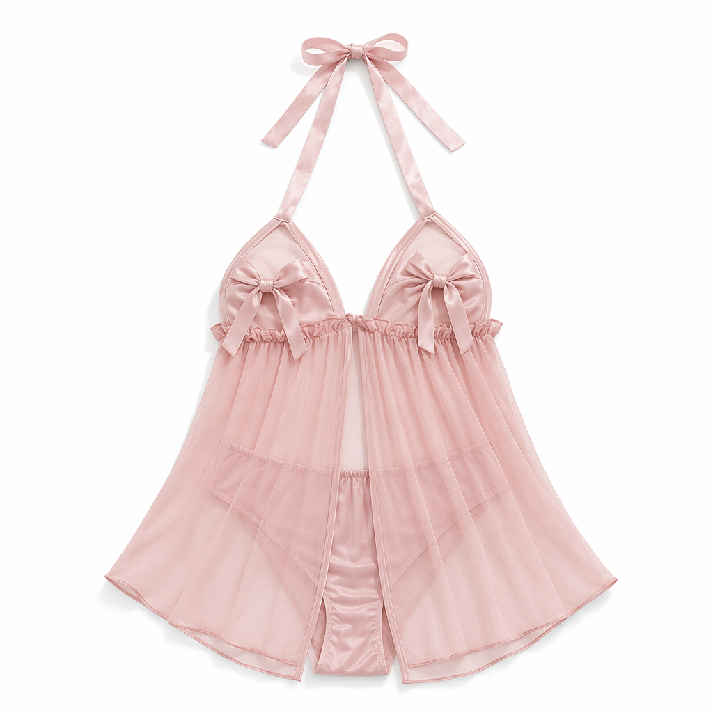 Sheer Mesh Satin Sleepwear with Bowknot Pink