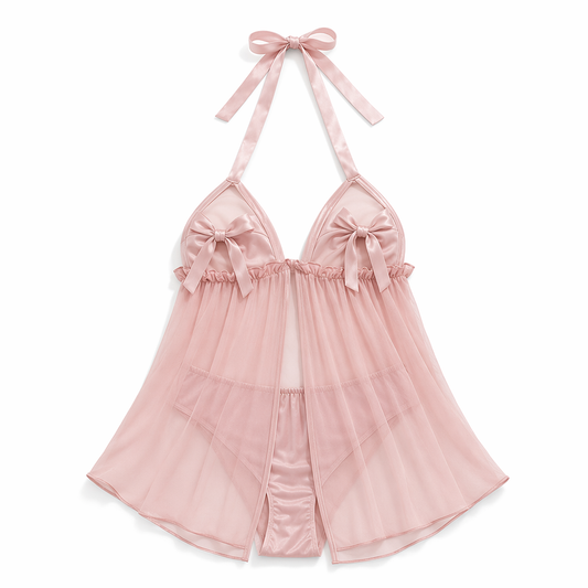 Sheer Mesh Satin Sleepwear with Bowknot Pink