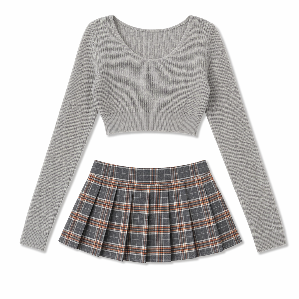 Ribbed Knit Crop Top & Plaid Mini Skirt - Daring Schoolgirl Set Grey