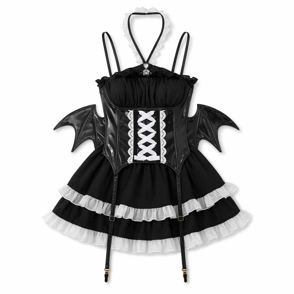 Sleeveless Lolita Dress with Latex Wing Corset - Succubus Cosplay Black