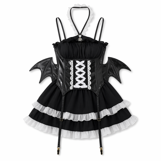 Sleeveless Lolita Dress with Latex Wing Corset - Succubus Cosplay Black