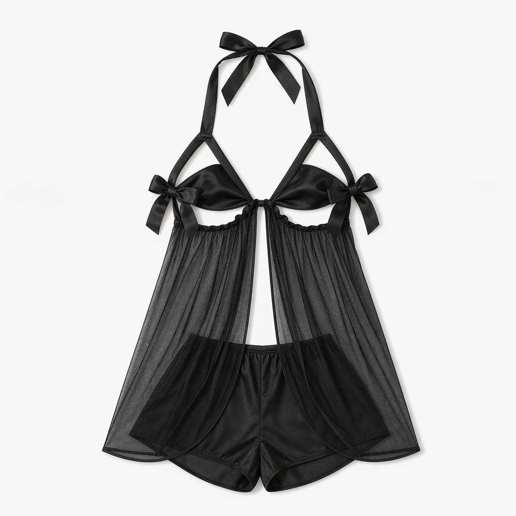 Sheer Mesh Satin Sleepwear with Bowknot Black