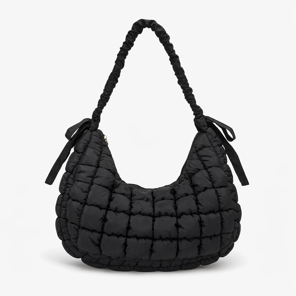 Bubble Texture Ruched Strap Quilted Shoulder Bag Black