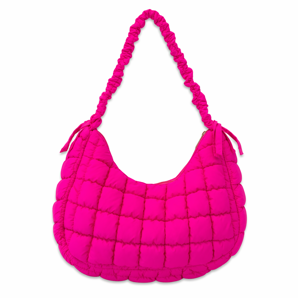 Bubble Texture Ruched Strap Quilted Shoulder Bag Hot Pink