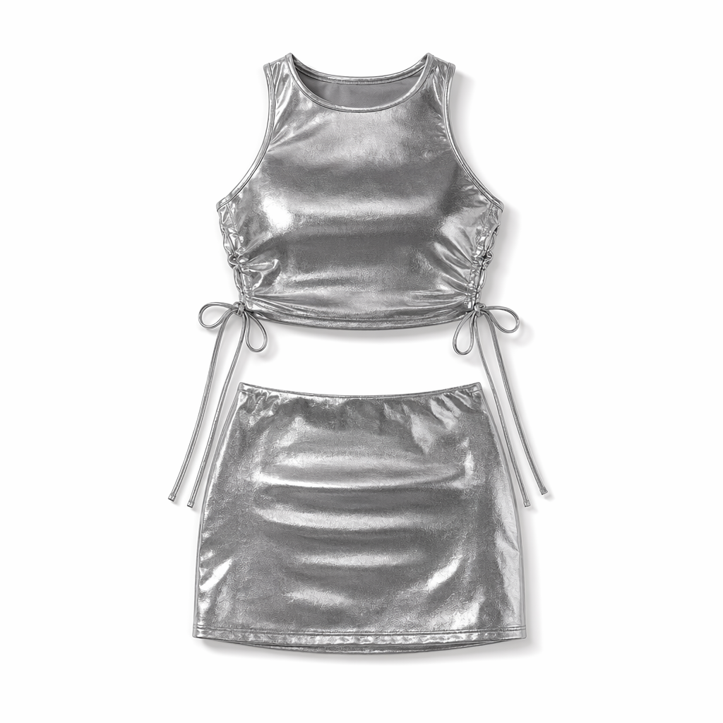 Shiny Lace-up Crop Top & Mini Skirt Set Silver