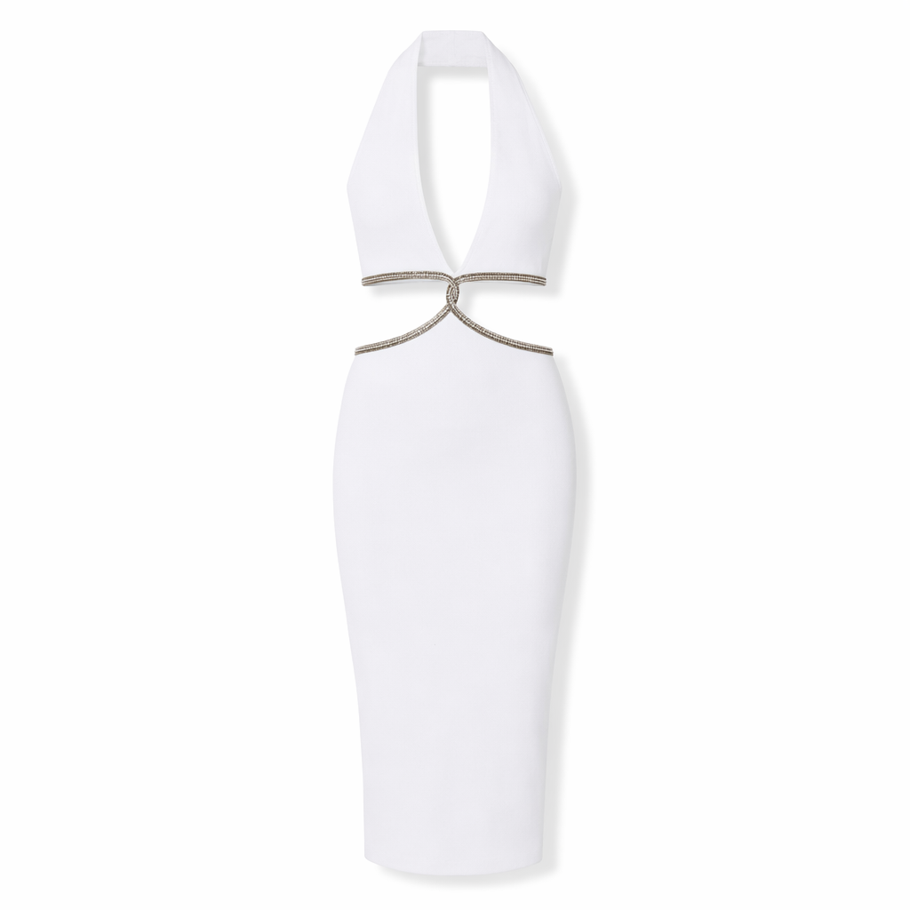 Rhinestone Halter Neck Cutout Slit Midi Dress White