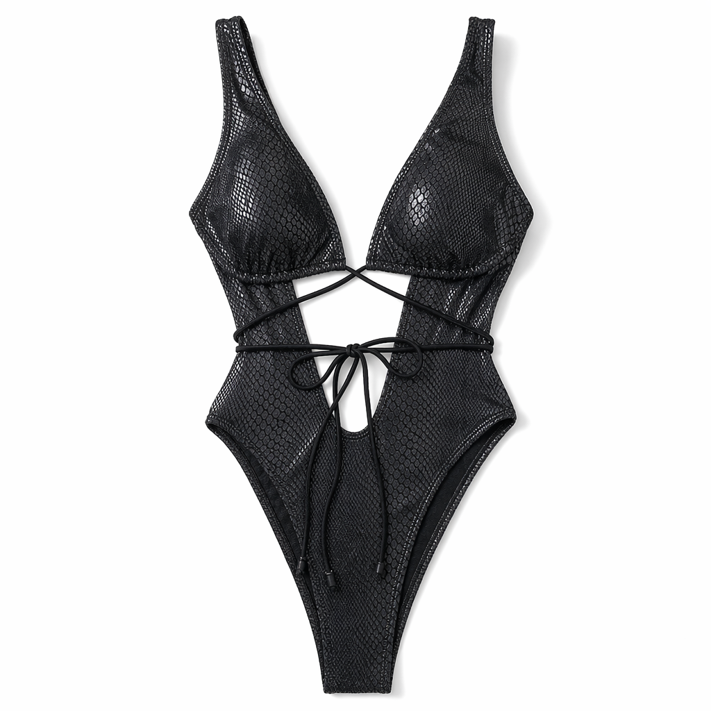 Maximized Snake Print Deep V Neck Monokini Black