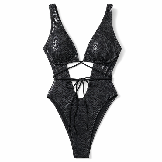 Maximized Snake Print Deep V Neck Monokini Black