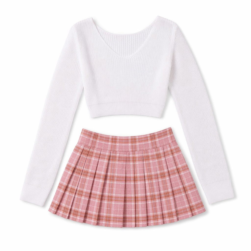 Ribbed Knit Crop Top & Plaid Mini Skirt - Daring Schoolgirl Set Pink