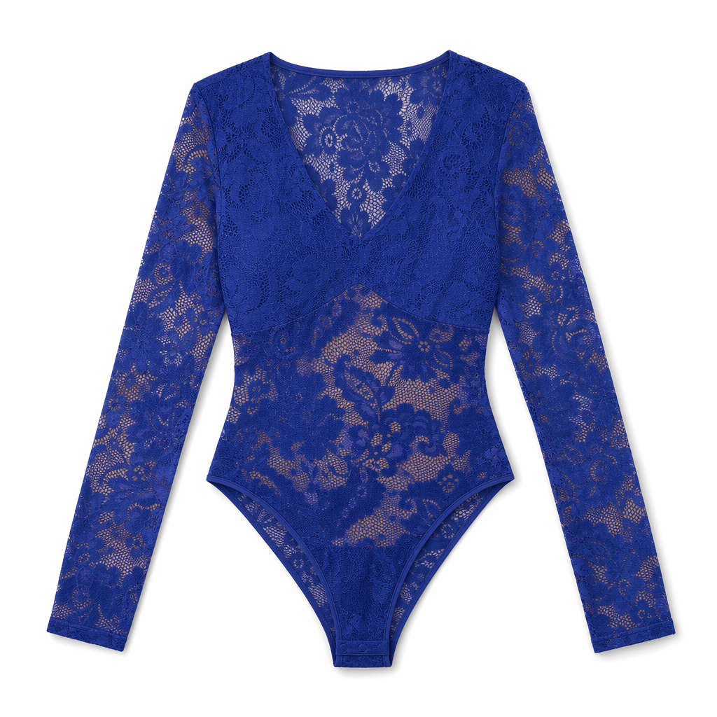 Perfee Lace Long Sleeve Bodysuit Royal Blue