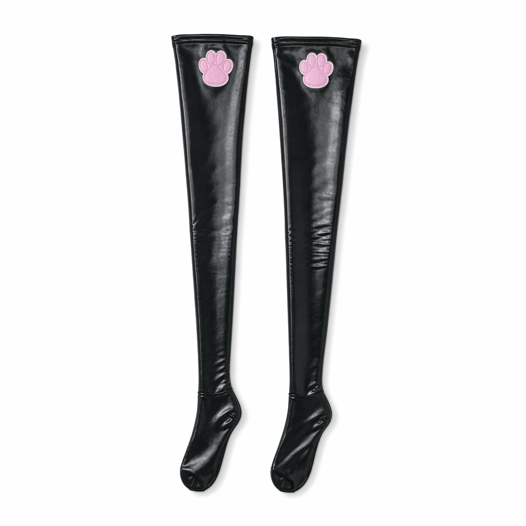 Adorable Faux Leather Cat Paw Thigh High Socks - 2 Color Options Black A