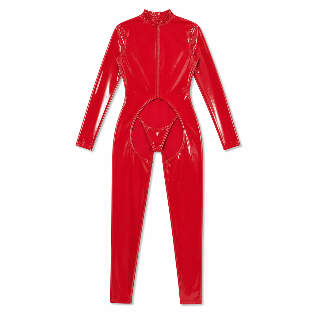 Plus Size PVC One-Piece Catsuit Red
