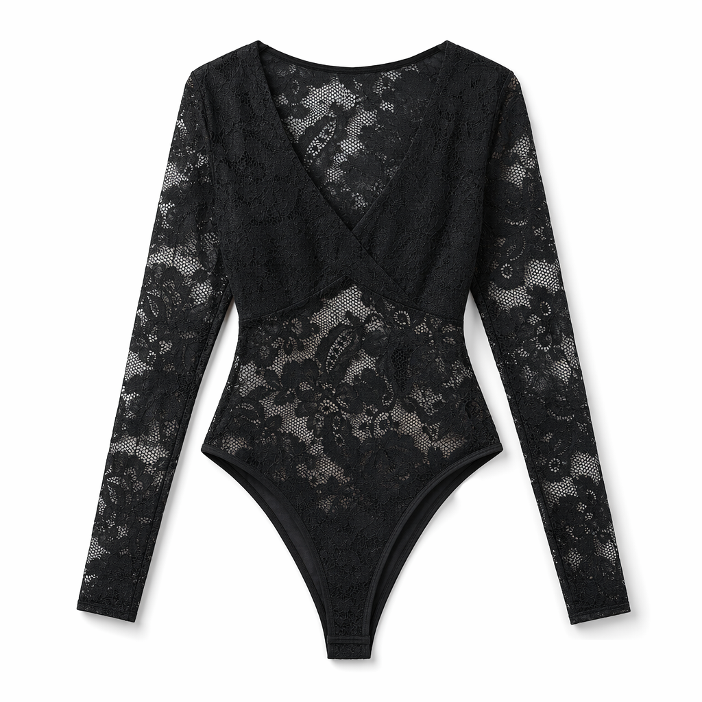 Perfee Lace Long Sleeve Bodysuit Black
