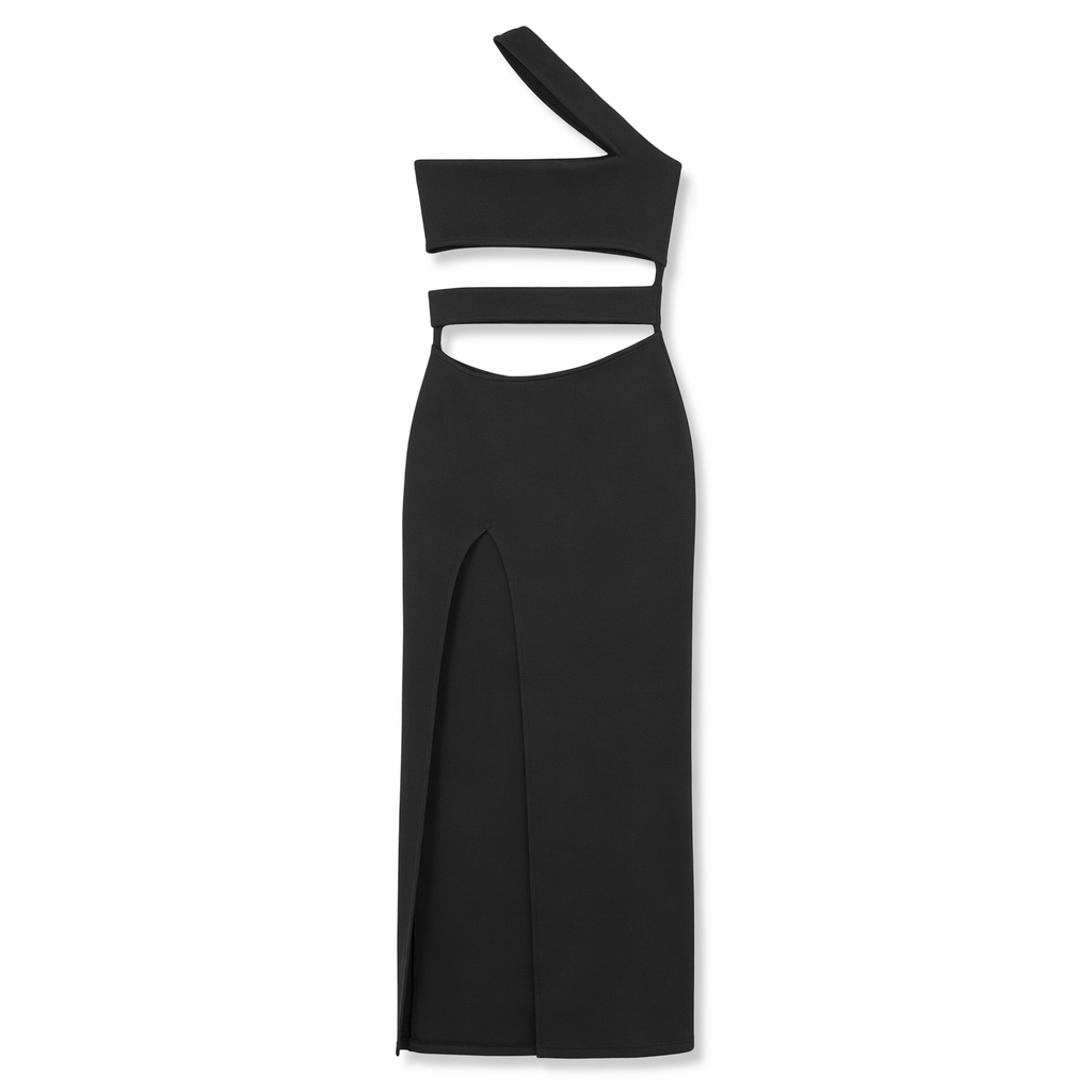 One-Shoulder Cutout Front Split Maxi Dress Black