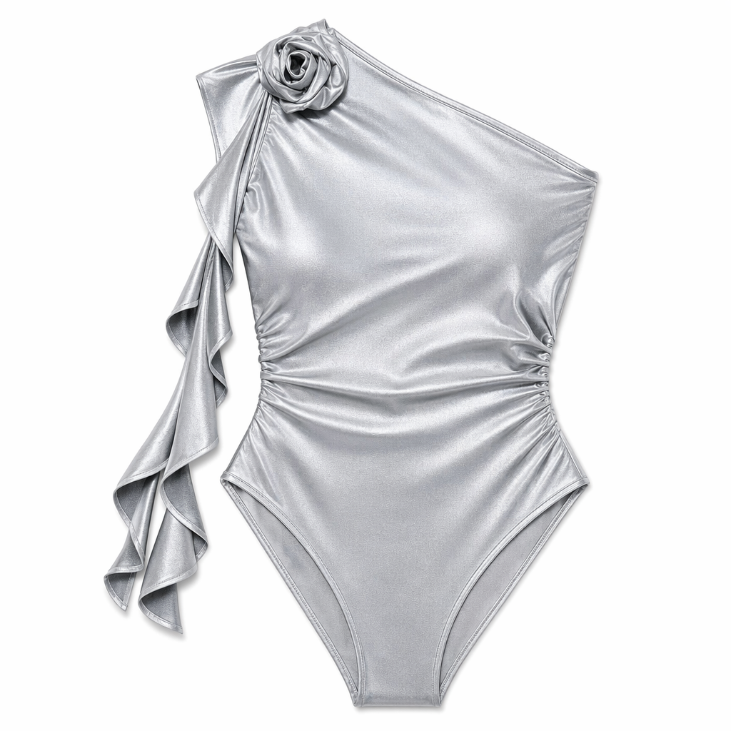 Perfee Ruffled Single Shoulder Bodysuit Silver