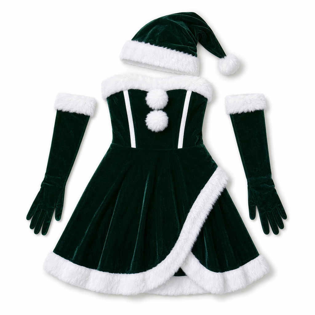 Santa Costume Set: Velvet Cosplay Outfit with Hat and Gloves Green