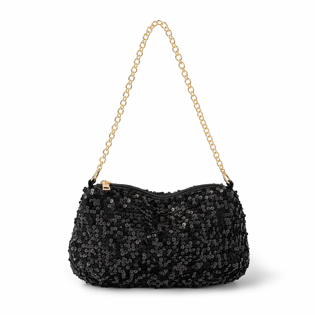 Sequin Removable Strap Shoulder Bag Black