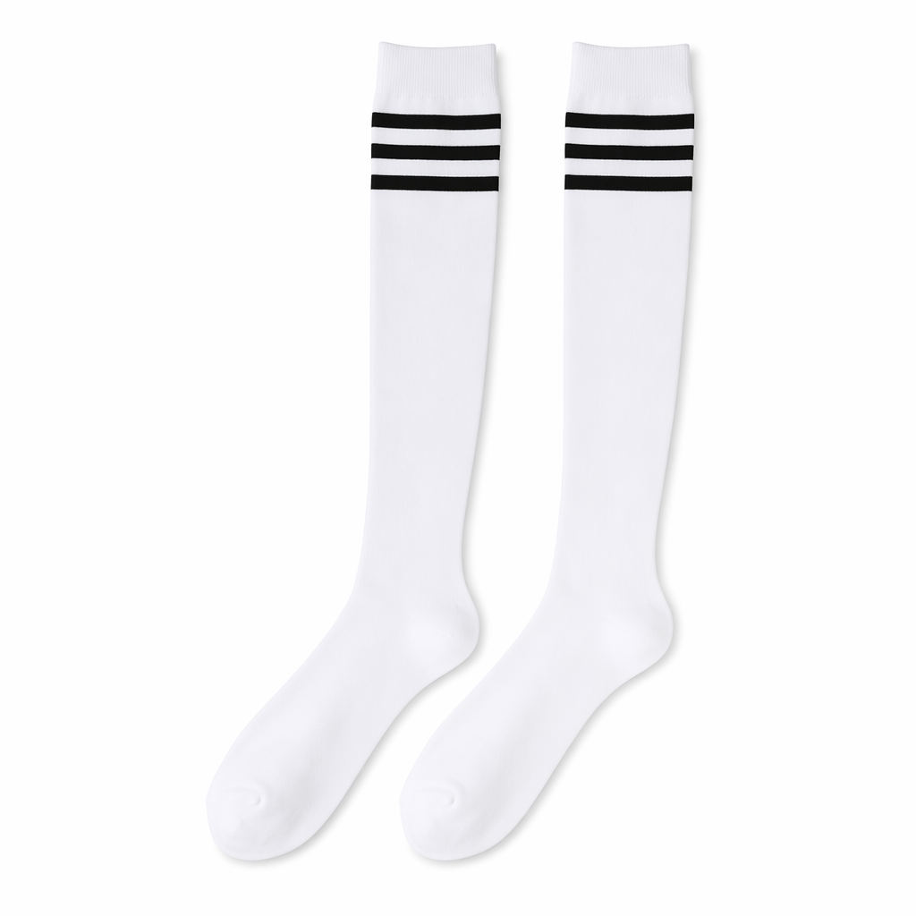 Striped Knee High School Girl Socks White
