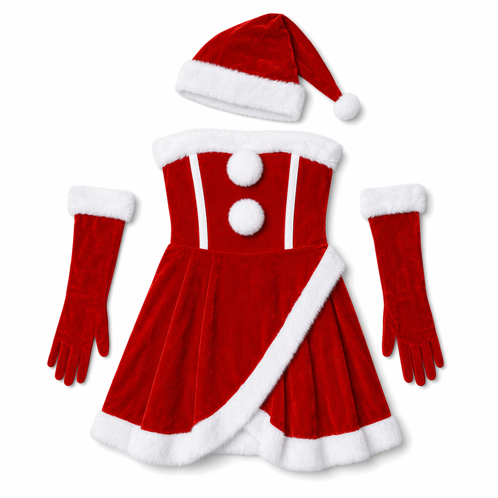 Santa Costume Set: Velvet Cosplay Outfit with Hat and Gloves Red