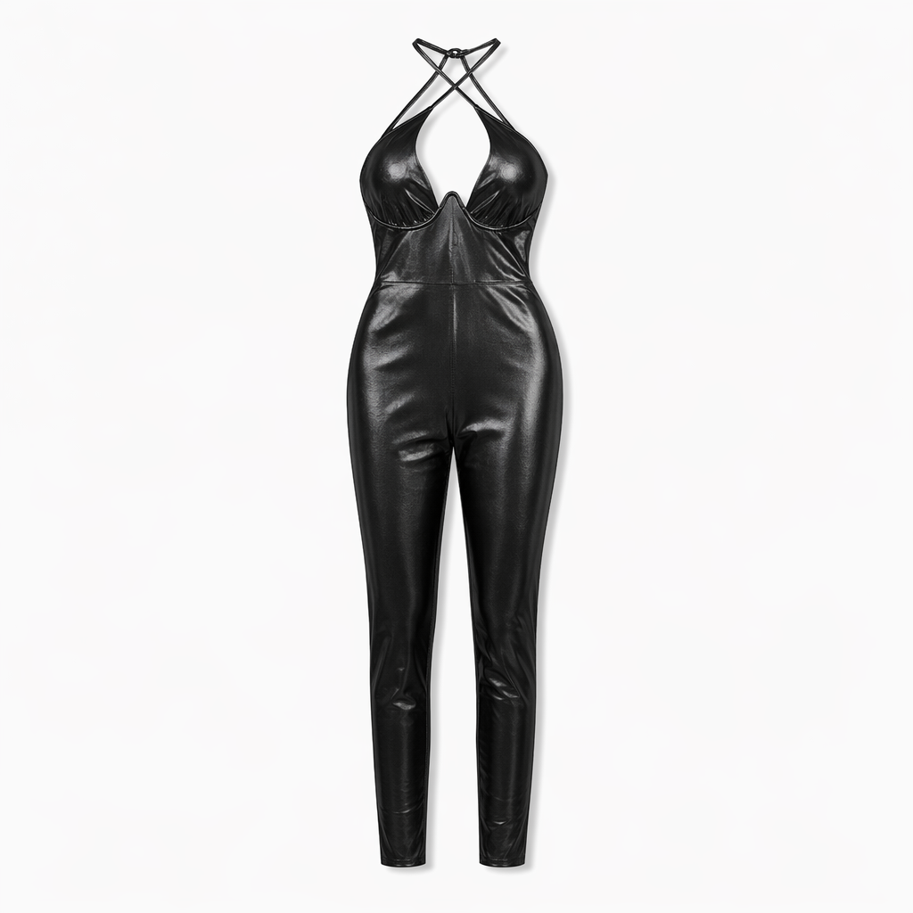Shimmering Halter-Backless Metallic Jumpsuit Black