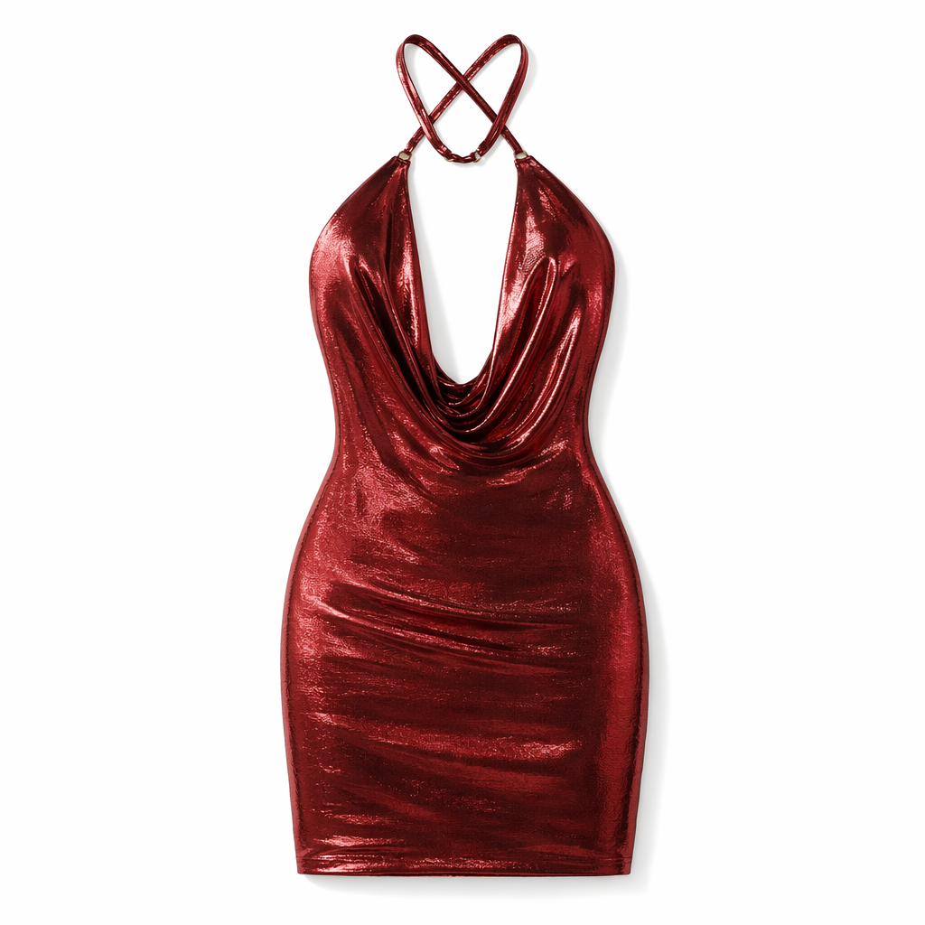 Metallic Halter Dress - Backless, Holographic Red