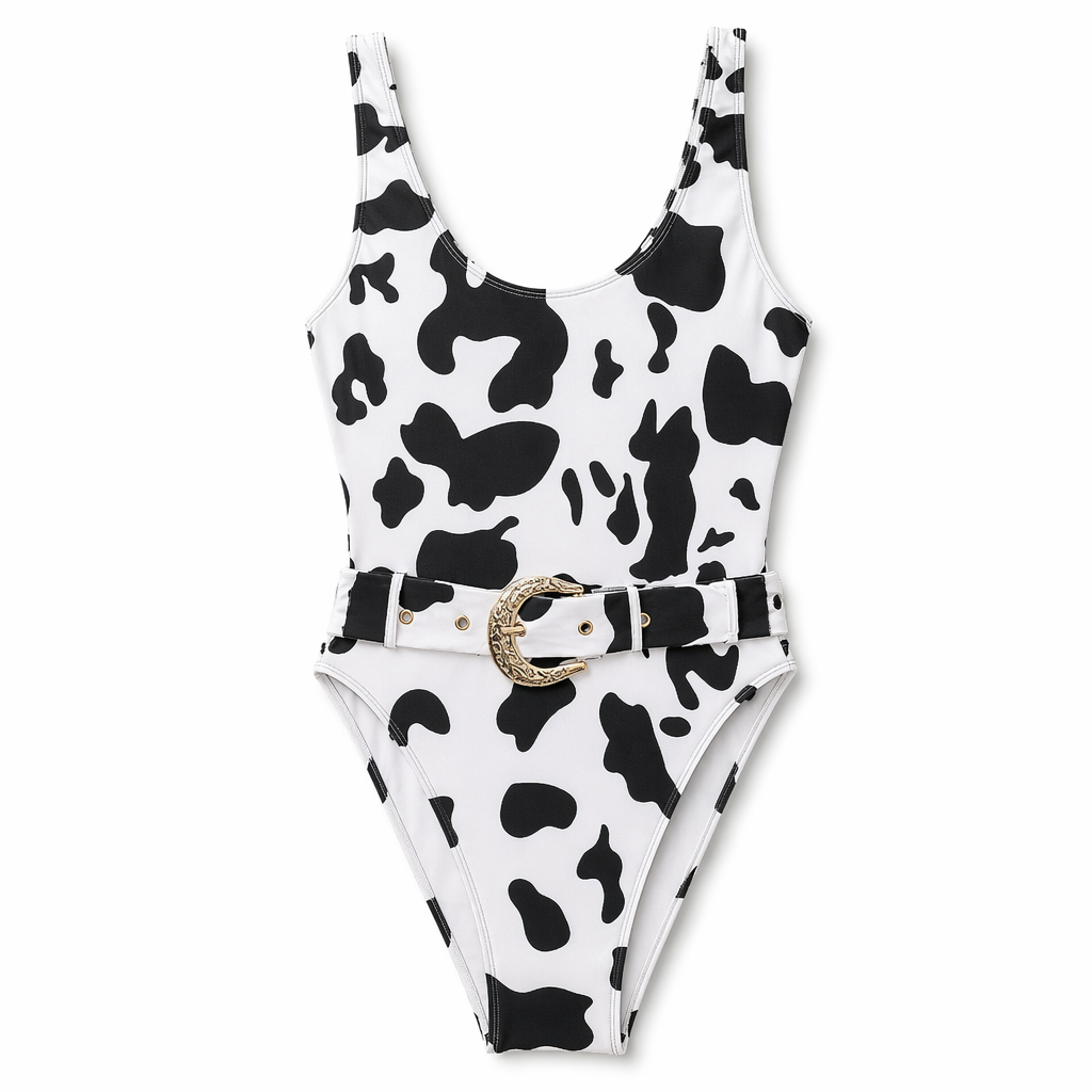 Cow Print Belted One-Piece White